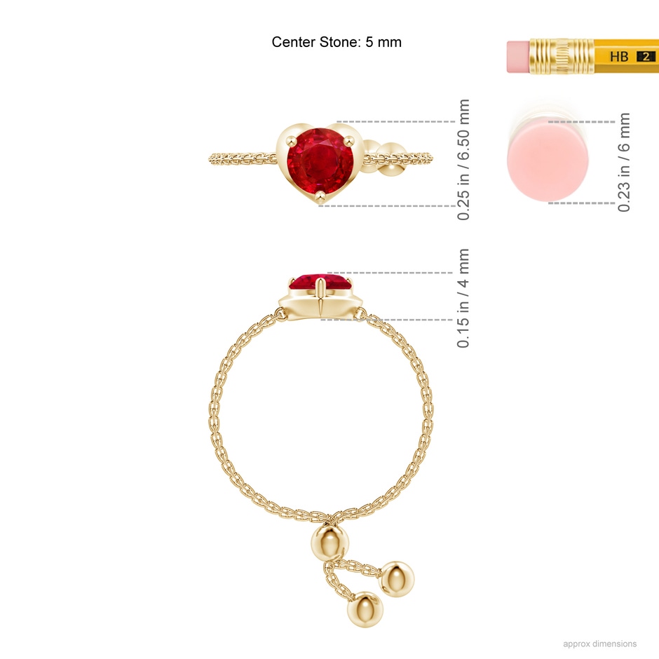 5mm AAA Round Ruby Solitaire Heart Bolo Ring in Yellow Gold ruler