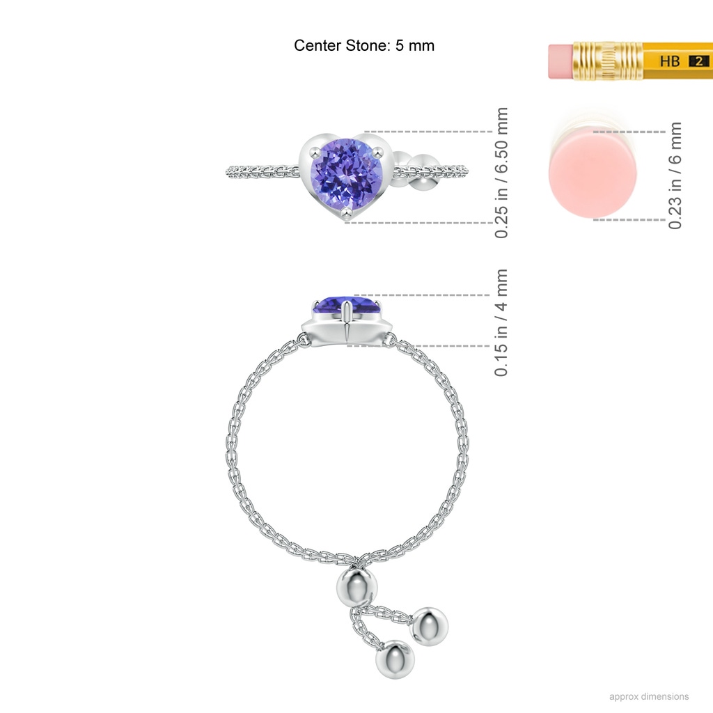 5mm AAA Round Tanzanite Solitaire Heart Bolo Ring in White Gold Ruler