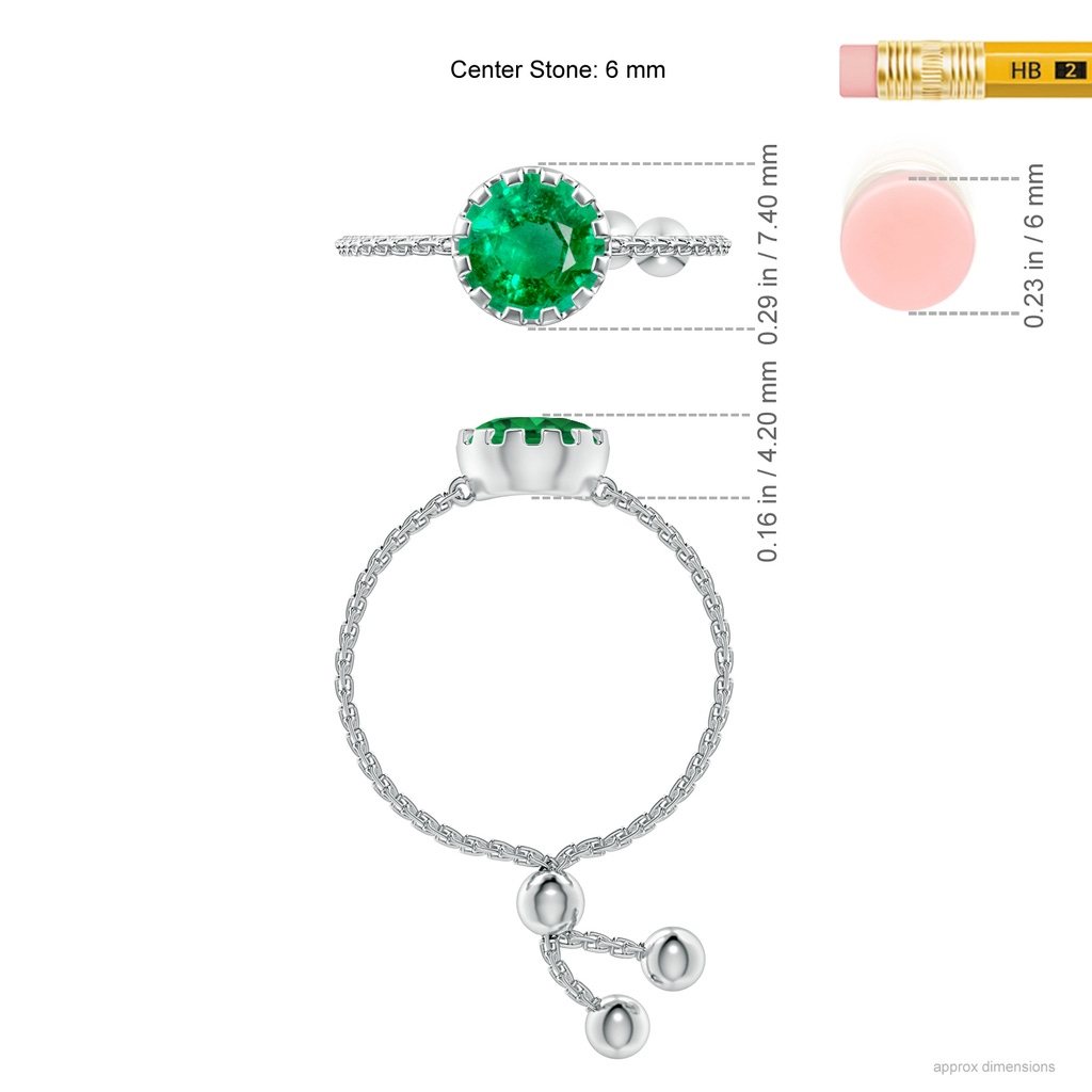 6mm AAA Multi Prong-Set Emerald Solitaire Bolo Ring in White Gold Ruler