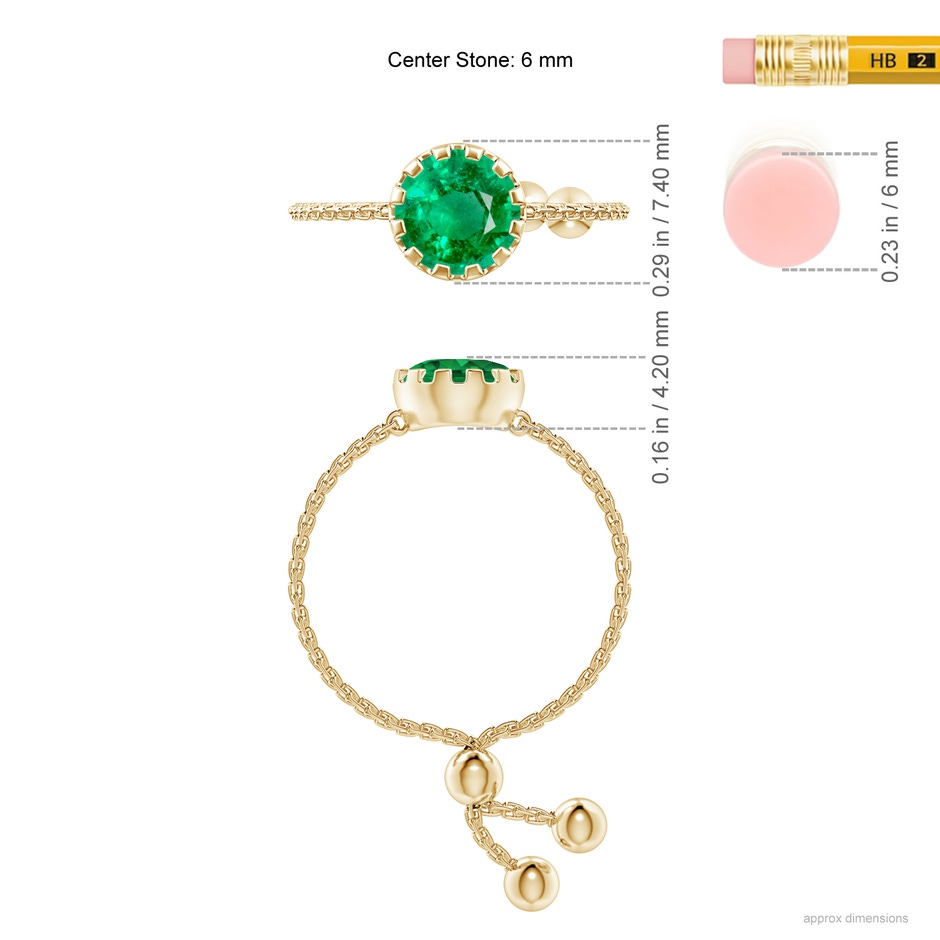 6mm AAA Multi Prong-Set Emerald Solitaire Bolo Ring in Yellow Gold ruler