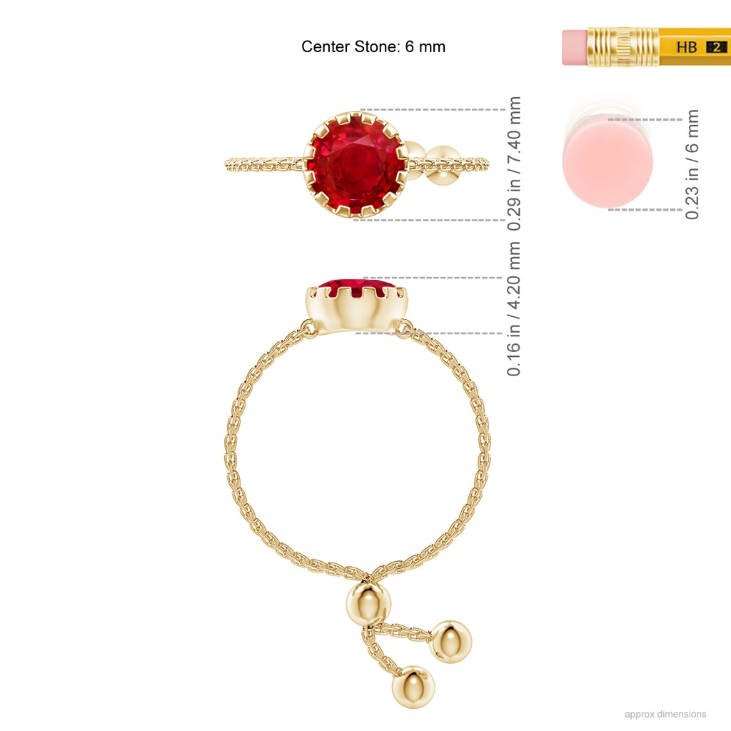6mm AAA Multi Prong-Set Ruby Solitaire Bolo Ring in Yellow Gold Ruler