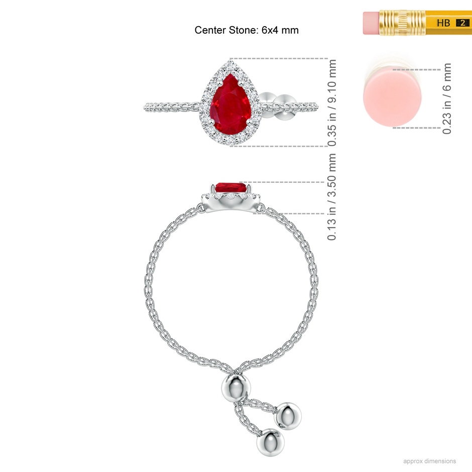 6x4mm AAA Pear-Shaped Ruby Halo Bolo Ring in White Gold ruler