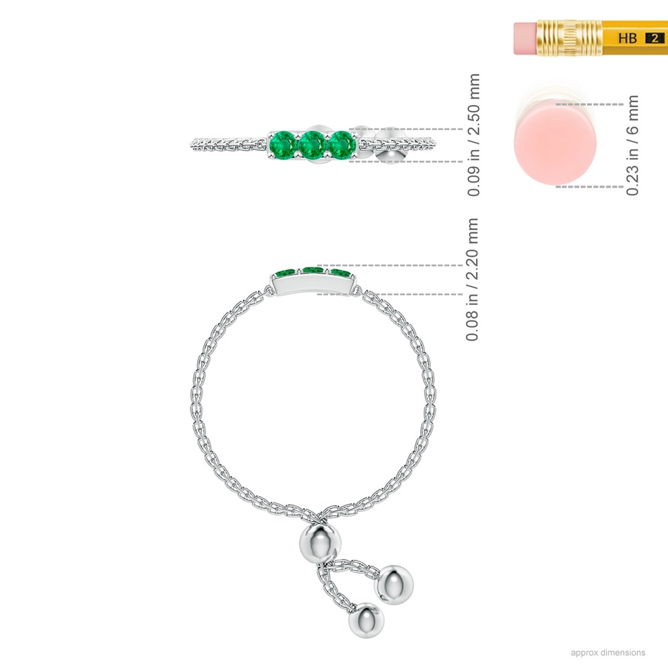 2mm AAA Three Stone Emerald Bar Bolo Ring in White Gold ruler