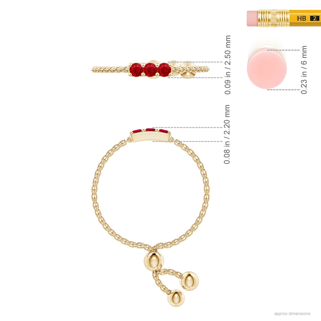 2mm AAA Three Stone Ruby Bar Bolo Ring in Yellow Gold Ruler