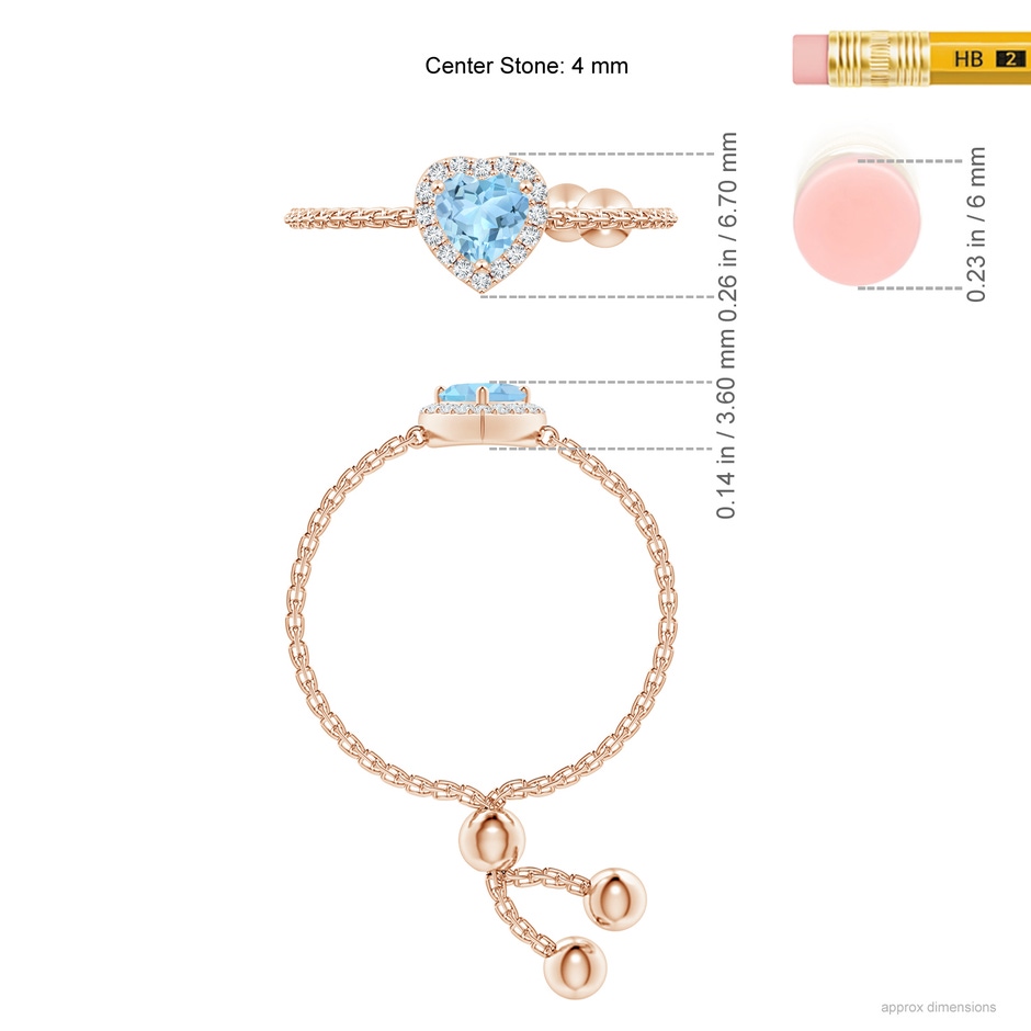 4mm AAA Heart-Shaped Aquamarine Bolo Ring with Diamond Halo in Rose Gold ruler