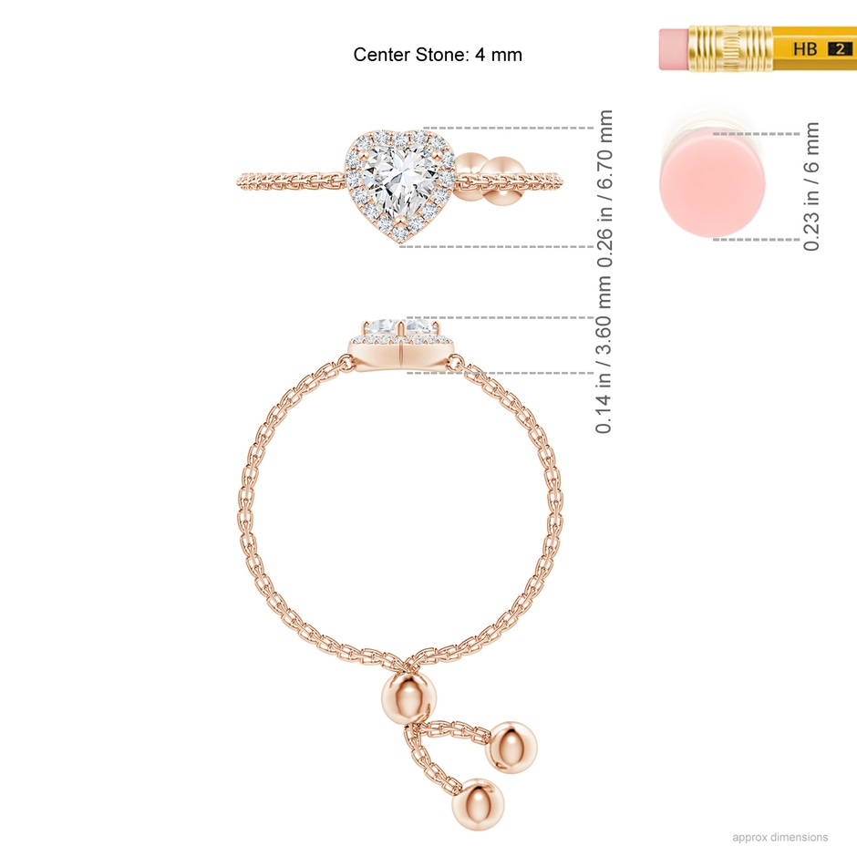 4mm GVS2 Heart-Shaped Diamond Bolo Ring with Halo in Rose Gold ruler