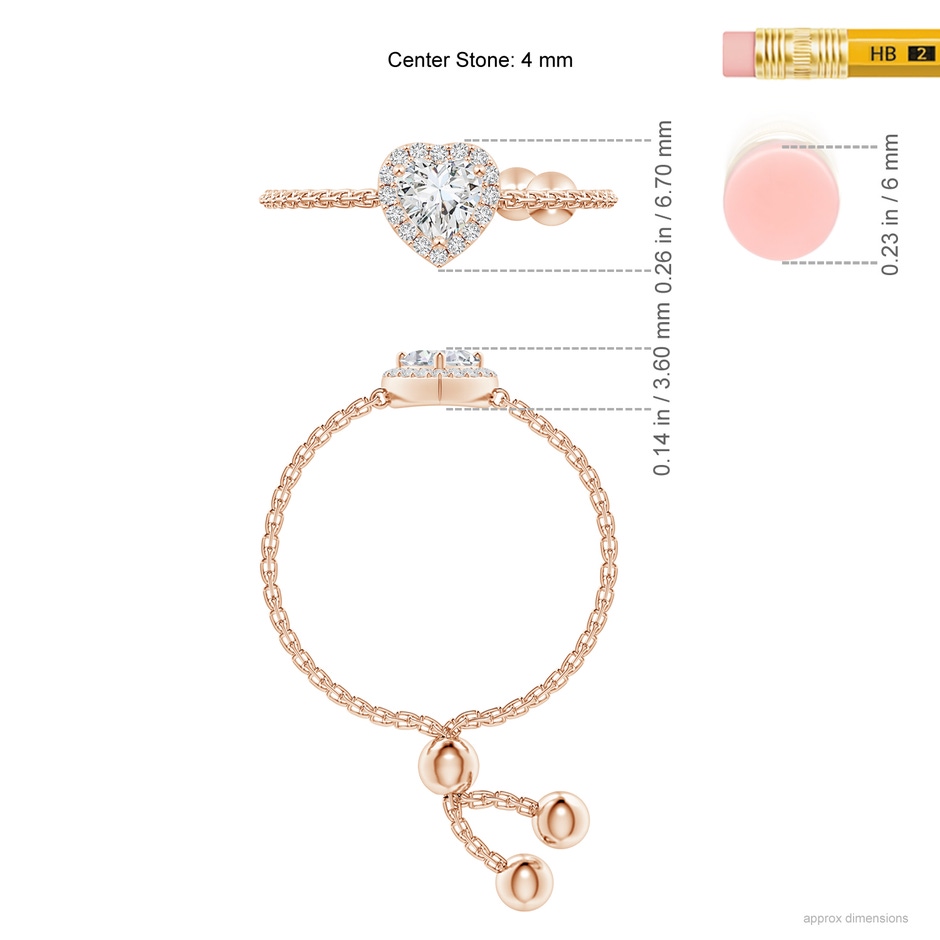 4mm HSI2 Heart-Shaped Diamond Bolo Ring with Halo in Rose Gold ruler