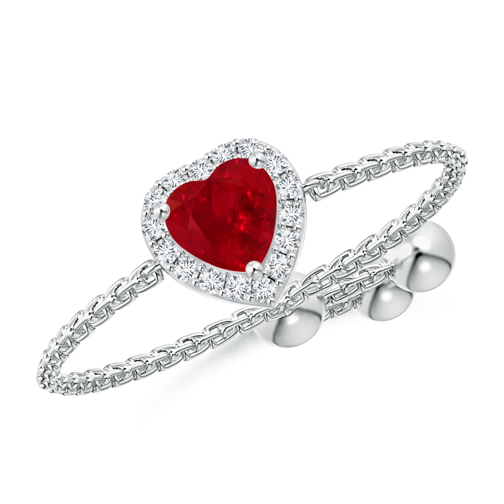 4mm AAA Heart-Shaped Ruby Bolo Ring with Diamond Halo in White Gold