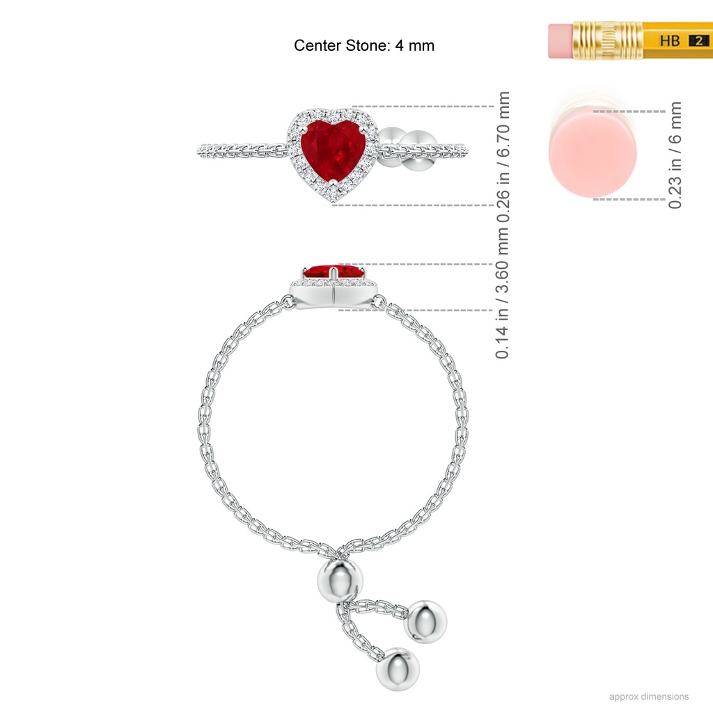 4mm AAA Heart-Shaped Ruby Bolo Ring with Diamond Halo in White Gold Ruler
