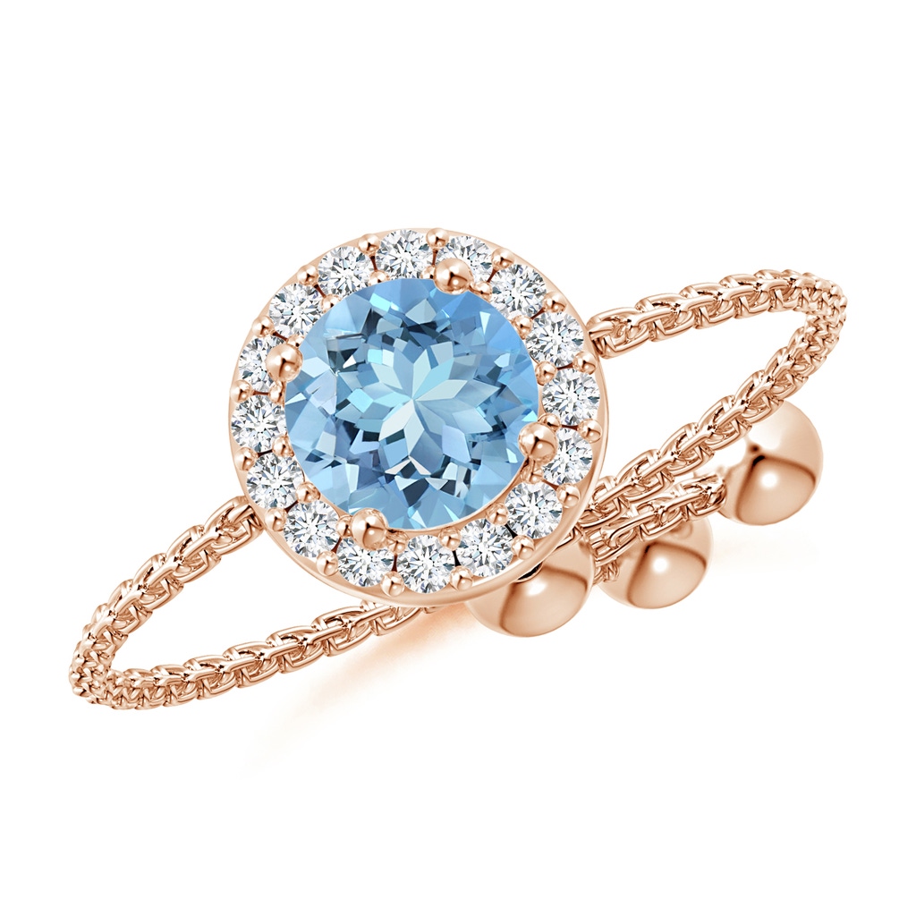5mm AAAA Round Aquamarine Bolo Ring with Diamond Halo in Rose Gold