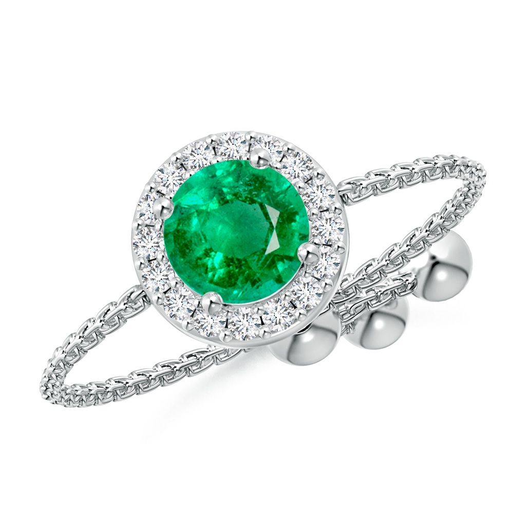 5mm AAA Round Emerald Bolo Ring with Diamond Halo in White Gold
