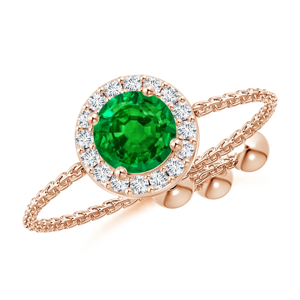 5mm AAAA Round Emerald Bolo Ring with Diamond Halo in Rose Gold