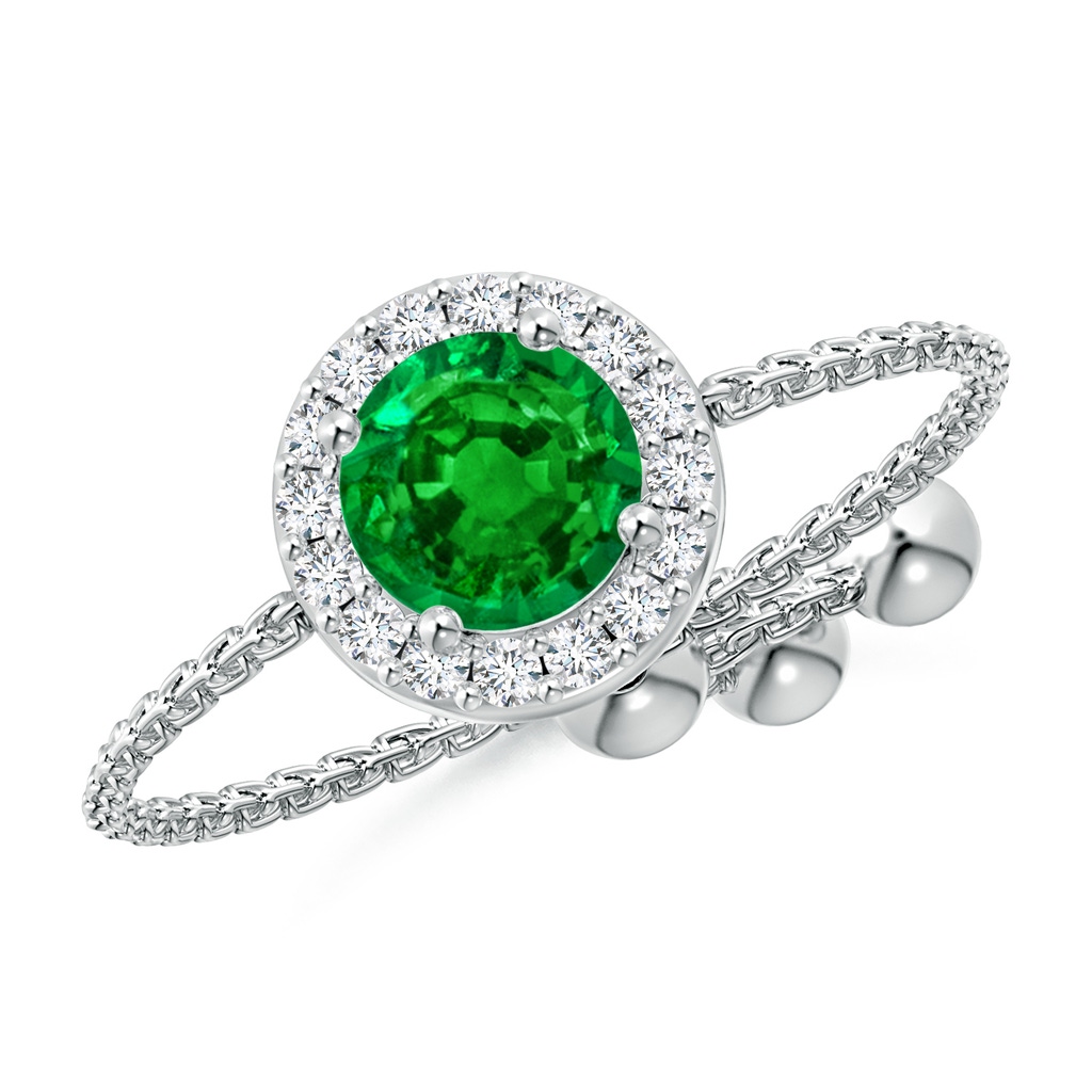5mm AAAA Round Emerald Bolo Ring with Diamond Halo in White Gold