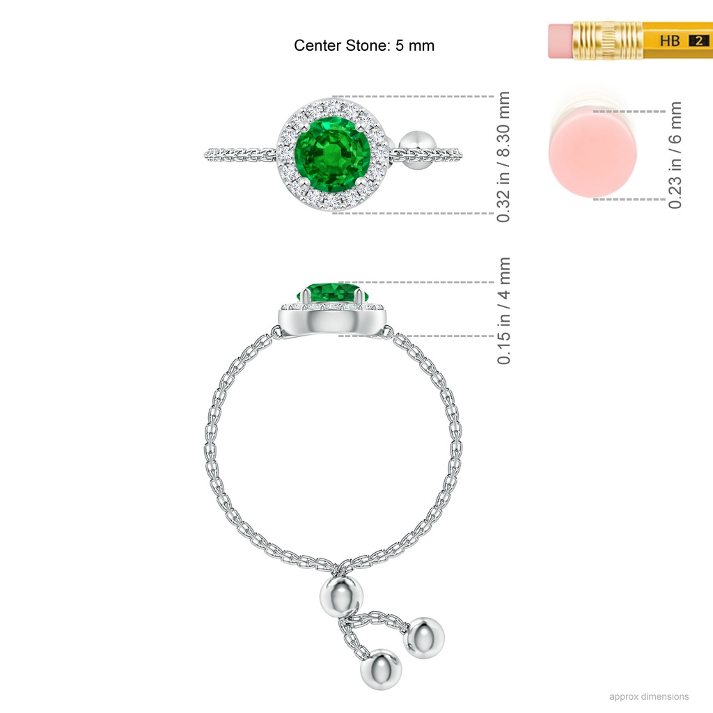 5mm AAAA Round Emerald Bolo Ring with Diamond Halo in White Gold Ruler