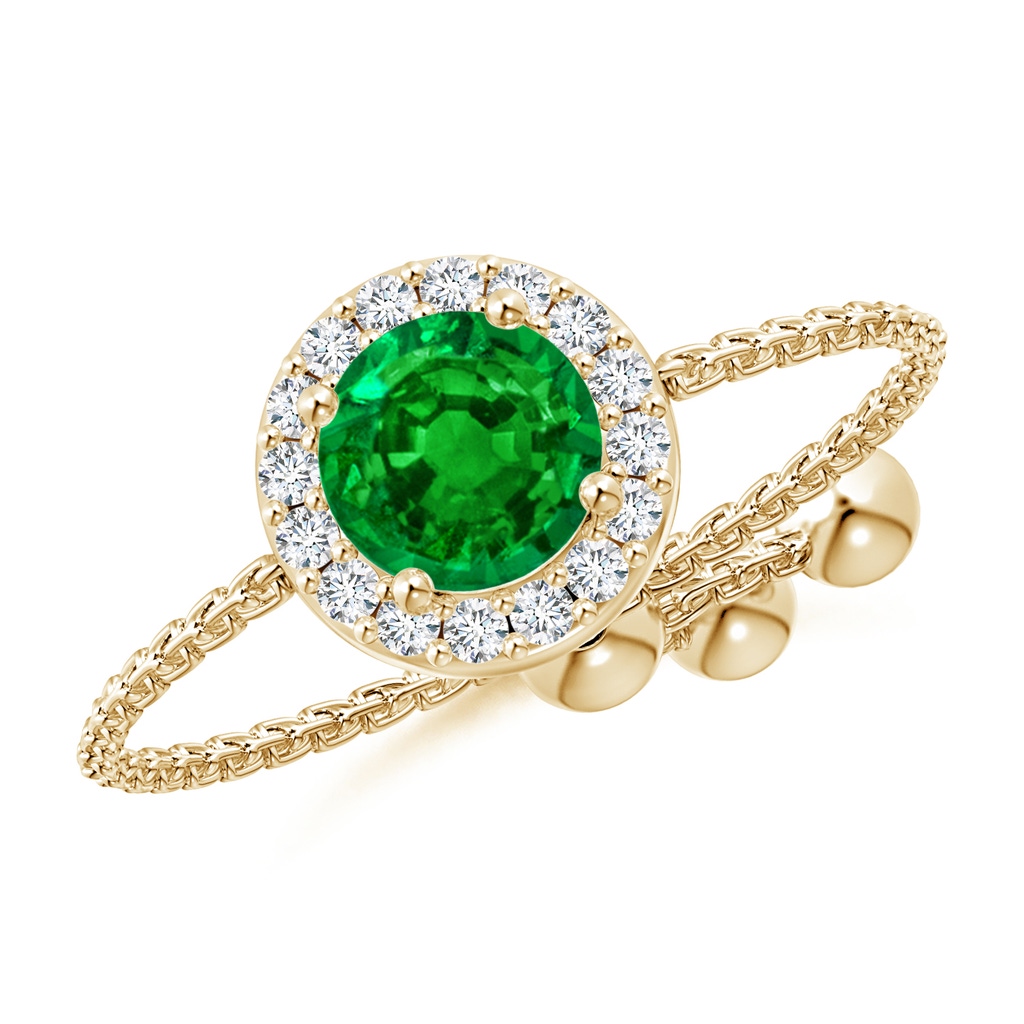 5mm AAAA Round Emerald Bolo Ring with Diamond Halo in Yellow Gold