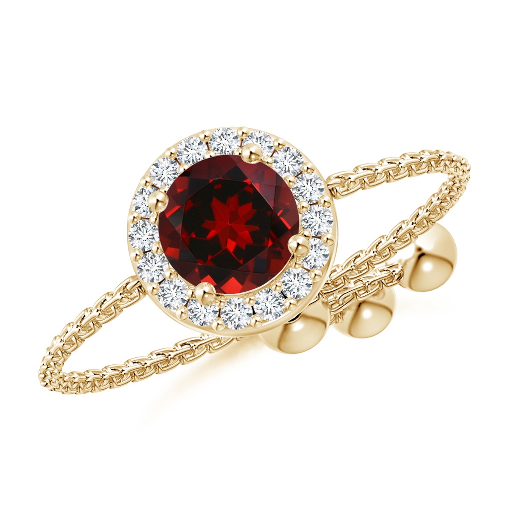 5mm AAAA Round Garnet Bolo Ring with Diamond Halo in Yellow Gold