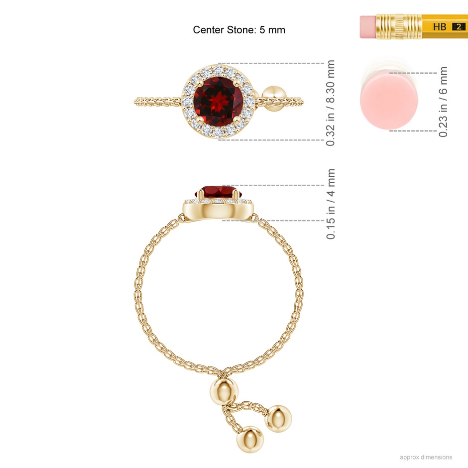 5mm AAAA Round Garnet Bolo Ring with Diamond Halo in Yellow Gold ruler