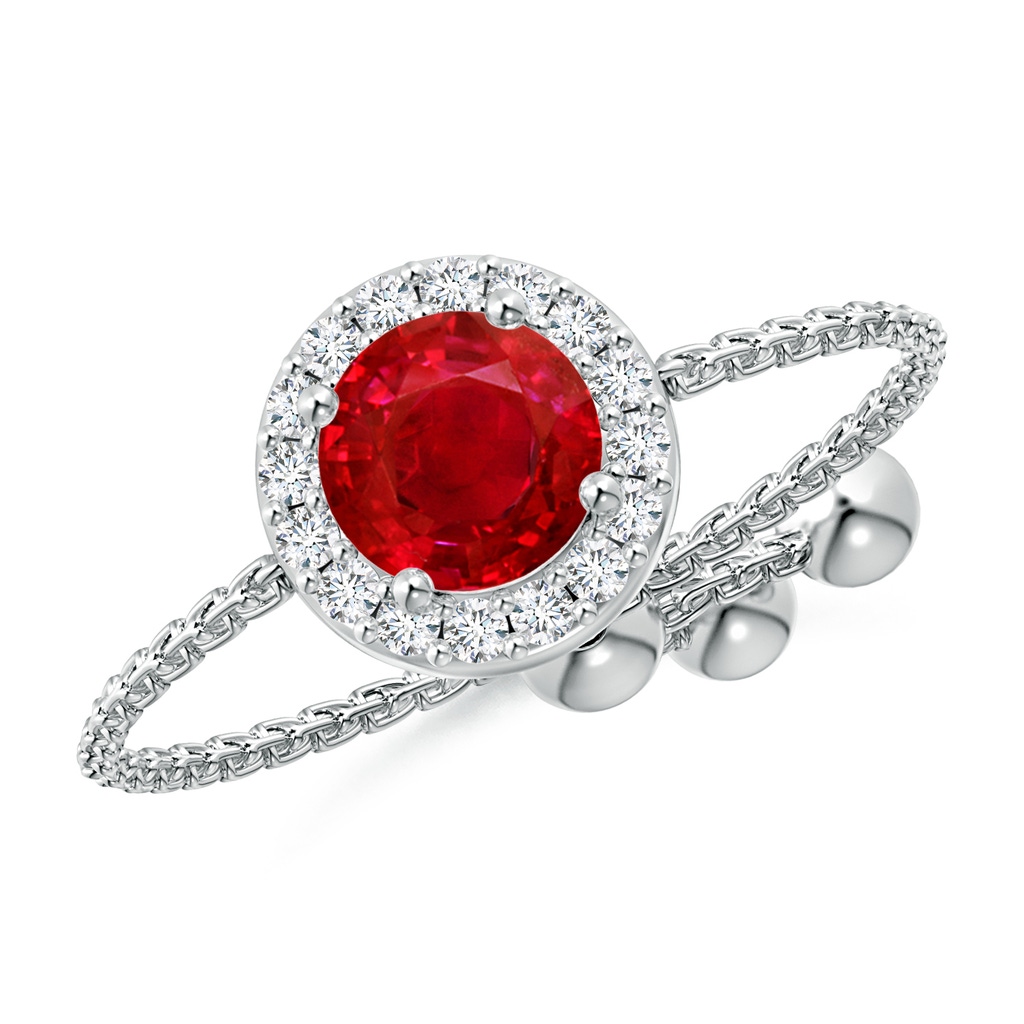 5mm AAA Round Ruby Bolo Ring with Diamond Halo in White Gold