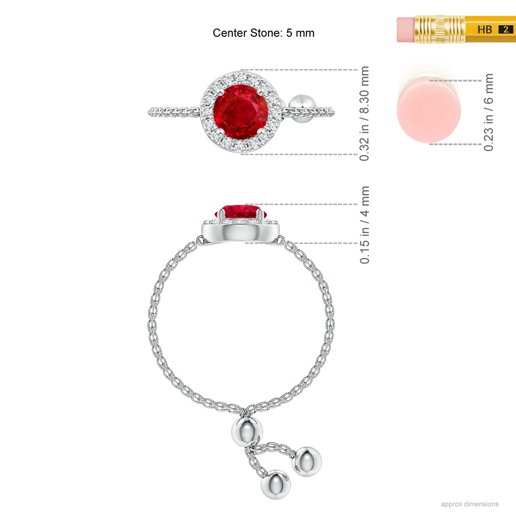 5mm AAA Round Ruby Bolo Ring with Diamond Halo in White Gold Ruler