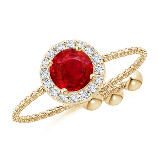 5mm AAA Round Ruby Bolo Ring with Diamond Halo in Yellow Gold