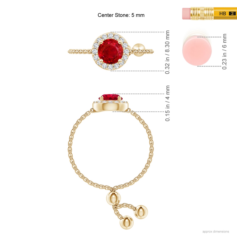 5mm AAA Round Ruby Bolo Ring with Diamond Halo in Yellow Gold ruler