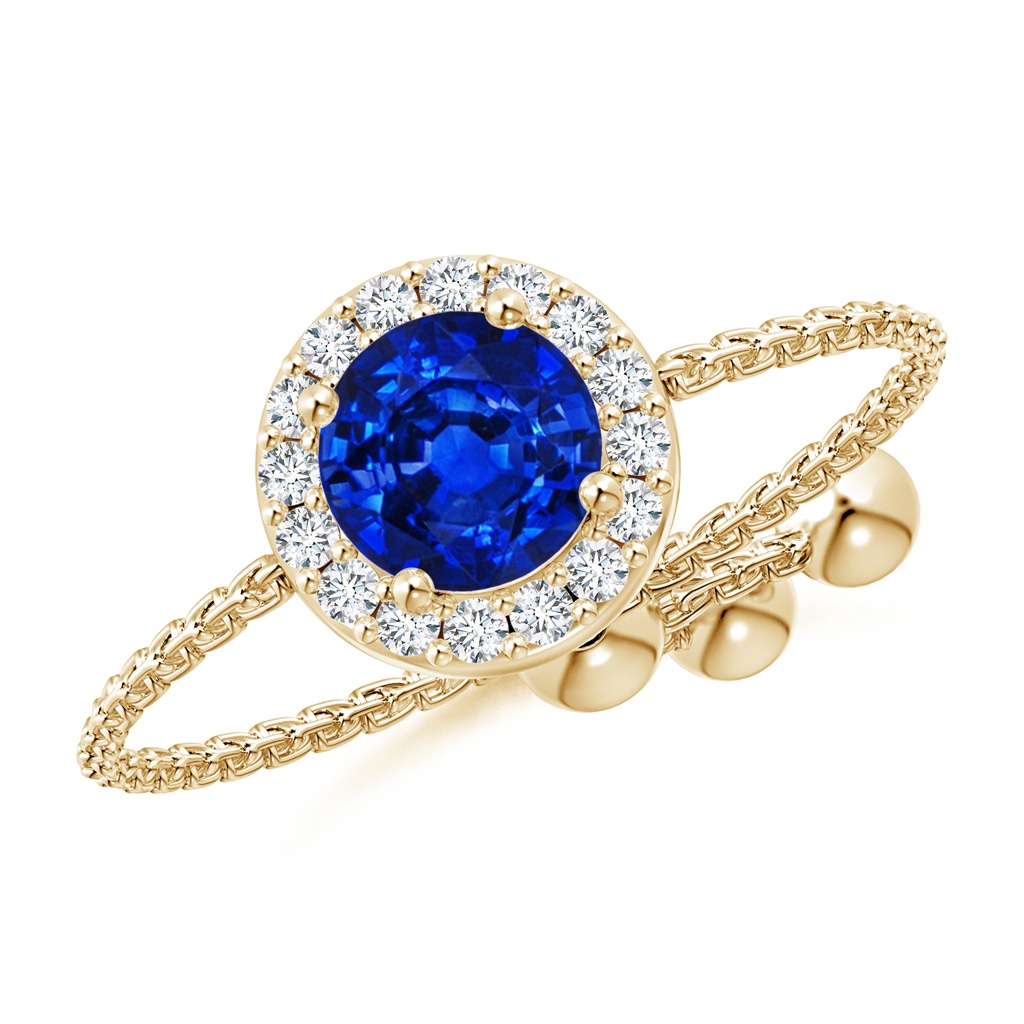 5mm AAAA Round Sapphire Bolo Ring with Diamond Halo in Yellow Gold