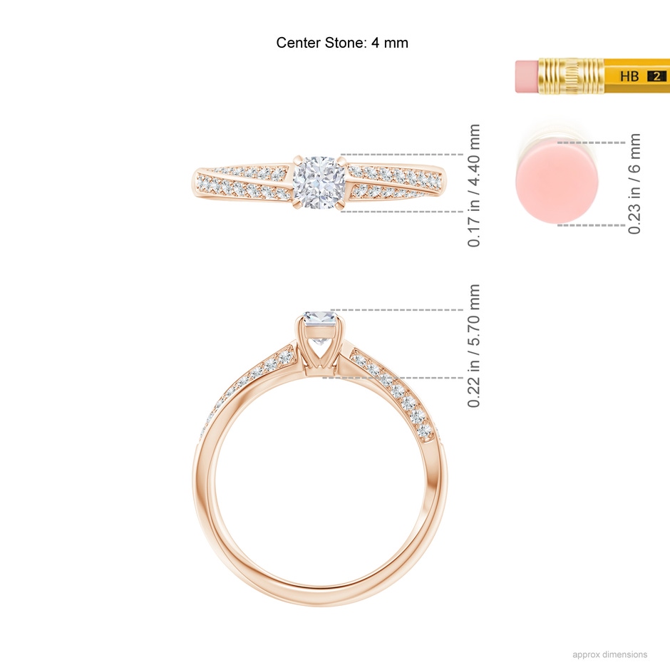 4mm GVS2 Cushion Diamond Twist Shank Ring with Double Row Accents in Rose Gold ruler