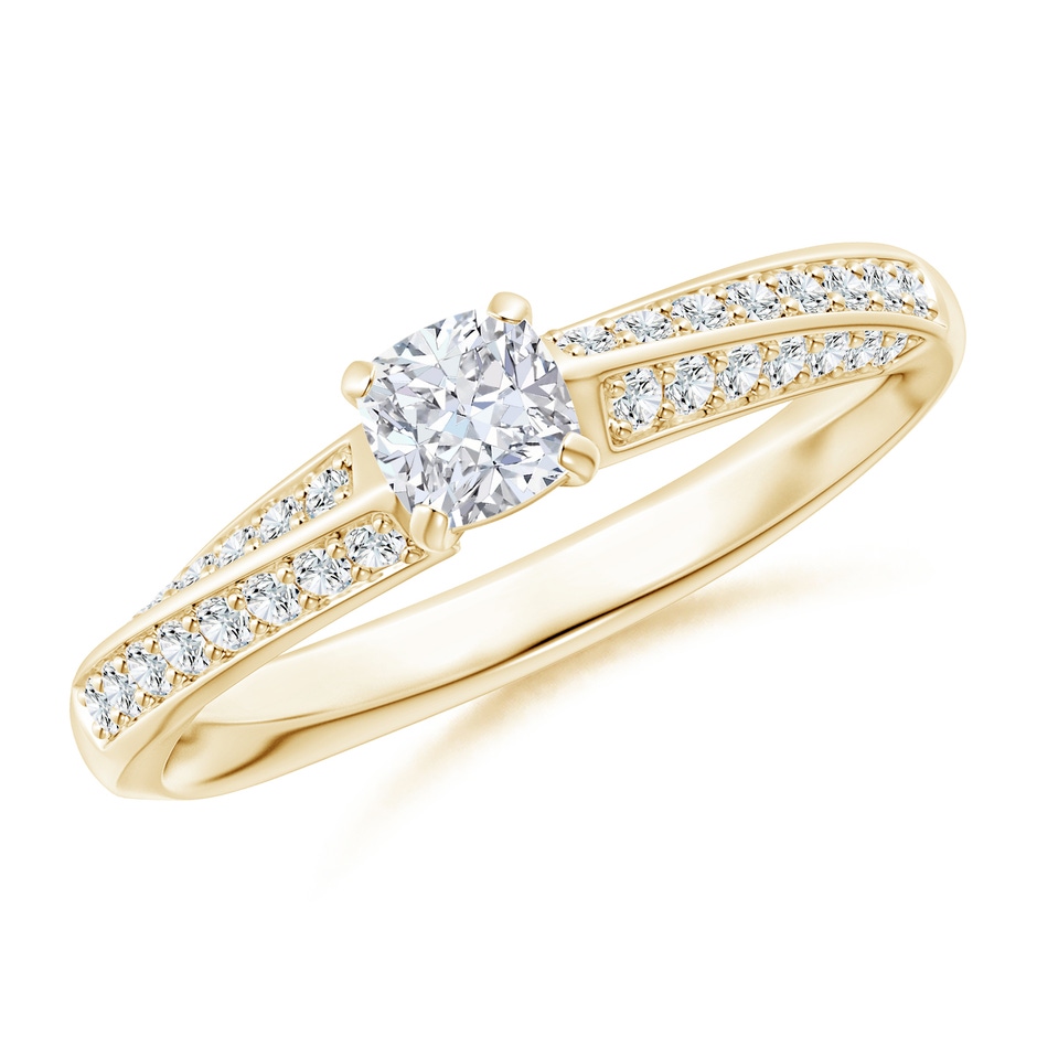 4mm GVS2 Cushion Diamond Twist Shank Ring with Double Row Accents in Yellow Gold 