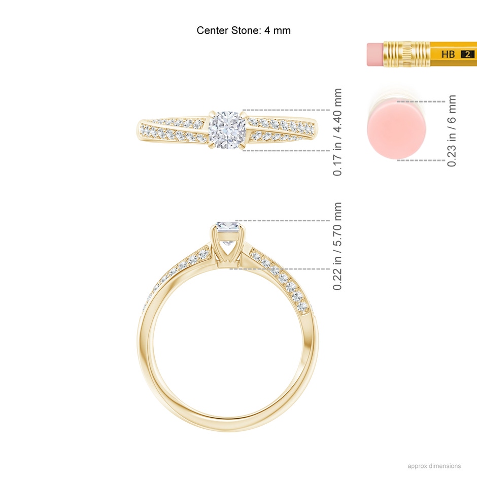 4mm GVS2 Cushion Diamond Twist Shank Ring with Double Row Accents in Yellow Gold ruler