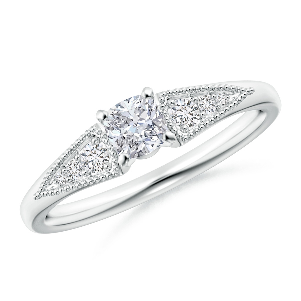 4mm HSI2 Cushion Diamond Tapered Shank Engagement Ring with Milgrain in White Gold