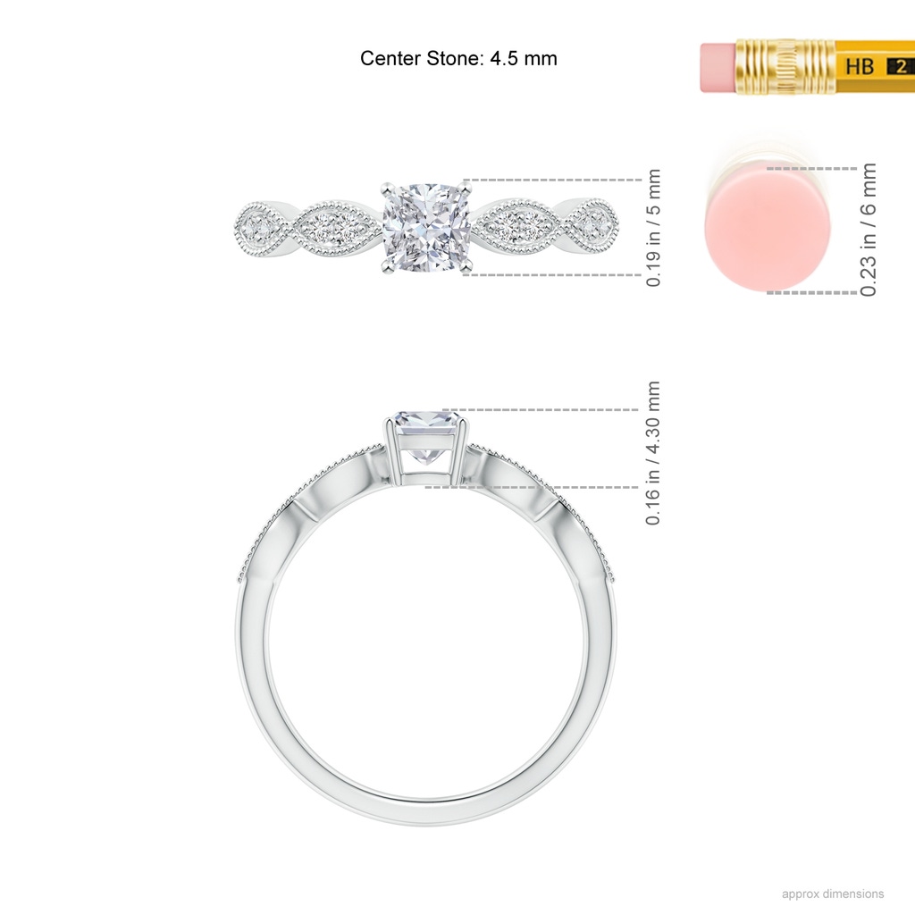 4.5mm HSI2 Cushion Diamond Engagement Ring with Marquise Motifs in White Gold Ruler