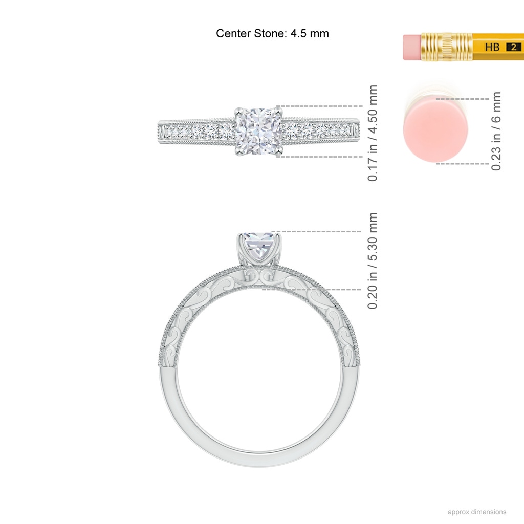 4.5mm GVS2 Vintage Inspired Cushion Diamond Ring with Engraved Shank in P950 Platinum Ruler