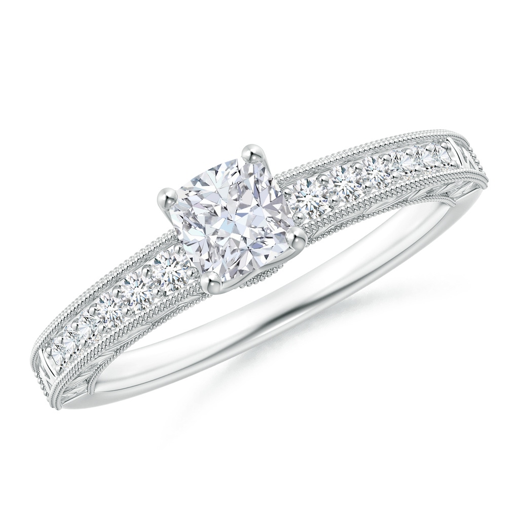 4.5mm GVS2 Vintage Inspired Cushion Diamond Ring with Engraved Shank in White Gold