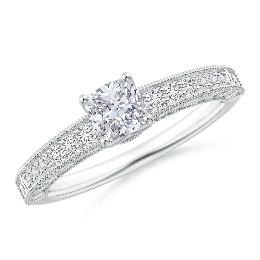 4.5mm HSI2 Vintage Inspired Cushion Diamond Ring with Engraved Shank in White Gold