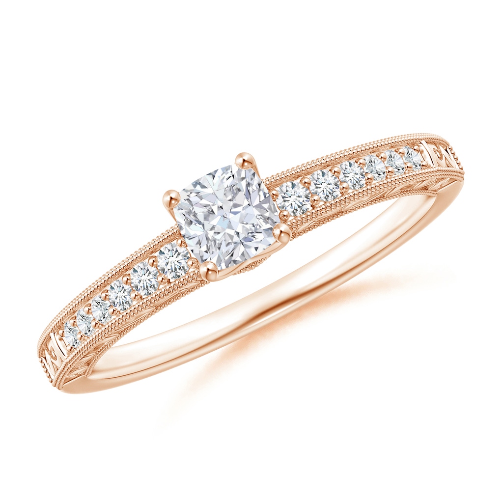 4mm GVS2 Vintage Inspired Cushion Diamond Ring with Engraved Shank in Rose Gold