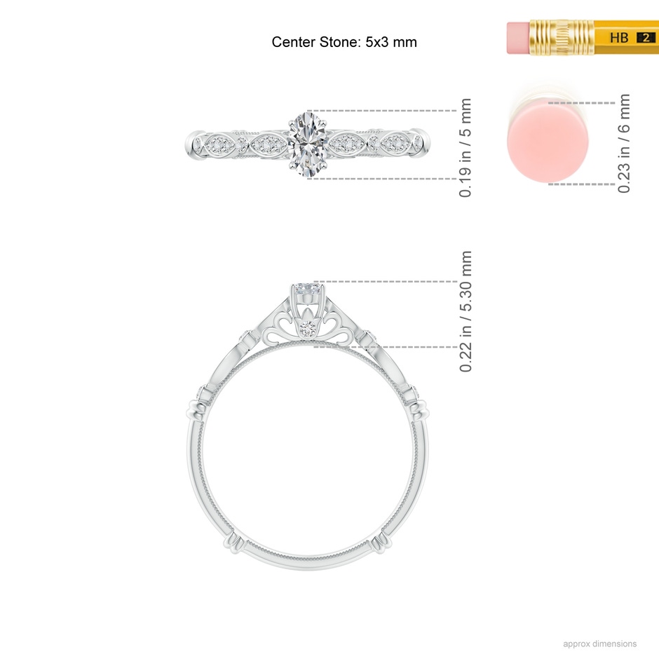 5x3mm HSI2 Vintage Style Oval Diamond Ring with Marquise & Dot Shank in White Gold ruler