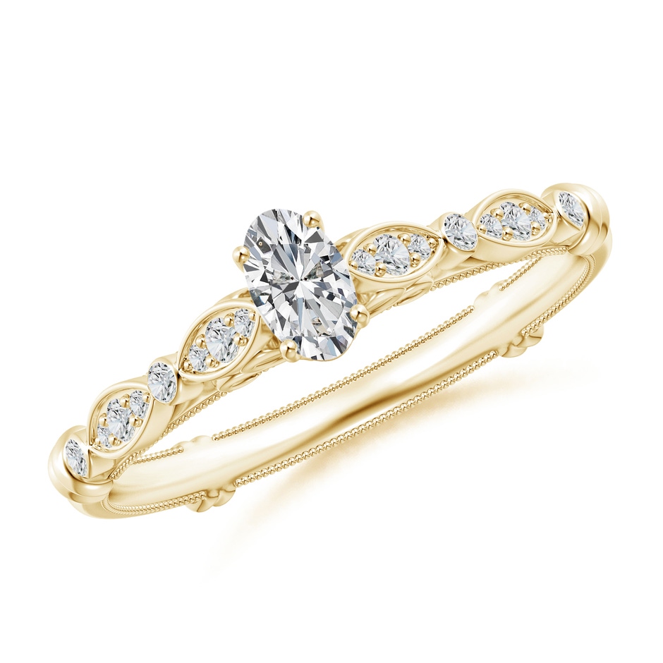 5x3mm HSI2 Vintage Style Oval Diamond Ring with Marquise & Dot Shank in Yellow Gold 