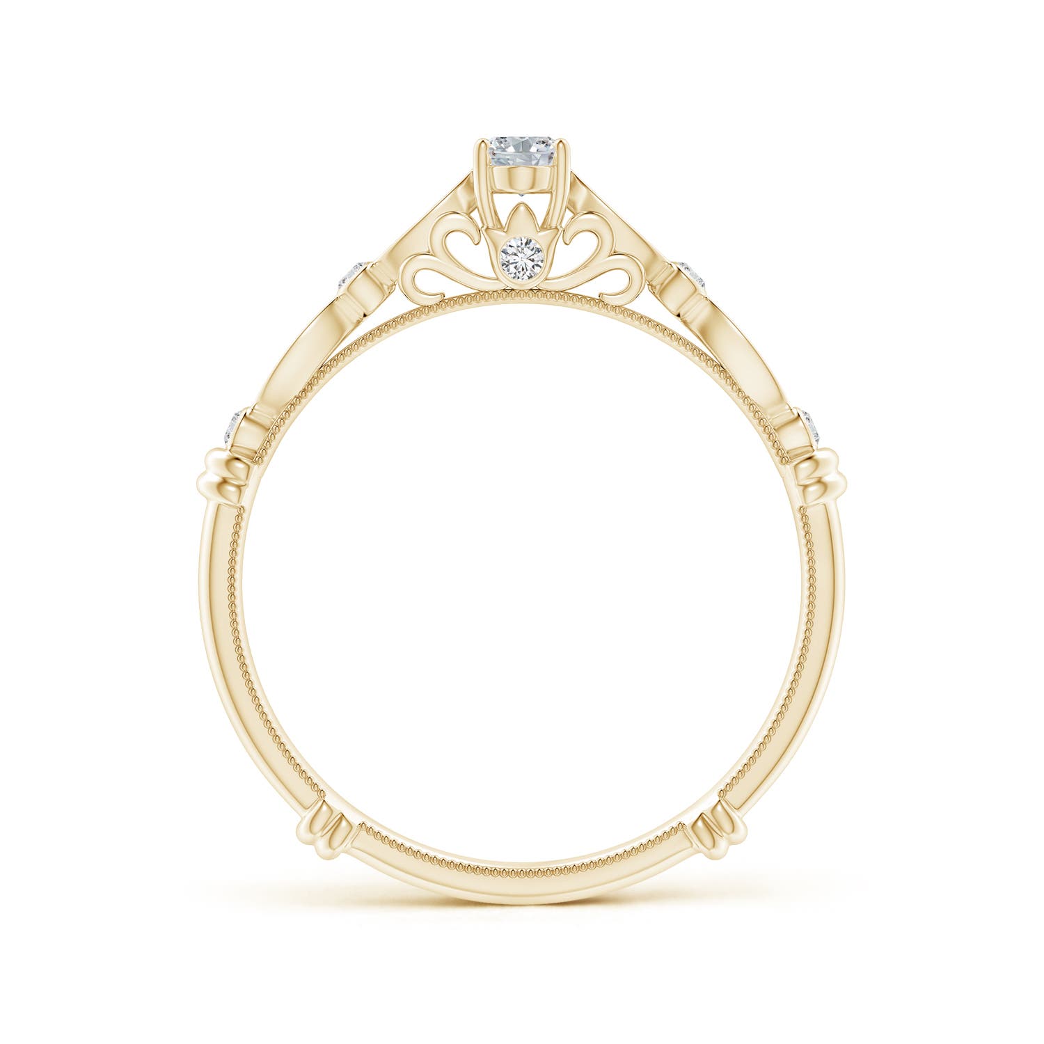 5x3mm HSI2 Vintage Style Oval Diamond Ring with Marquise & Dot Shank in Yellow Gold - side 2