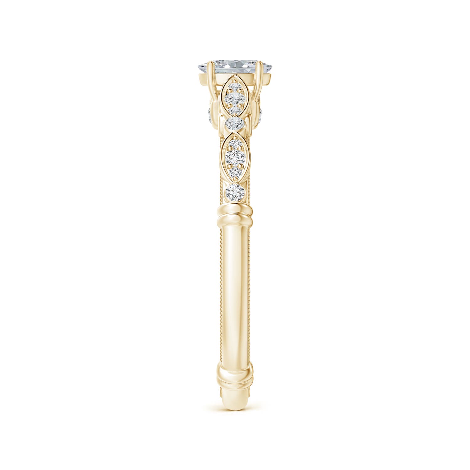 5x3mm HSI2 Vintage Style Oval Diamond Ring with Marquise & Dot Shank in Yellow Gold - side 3