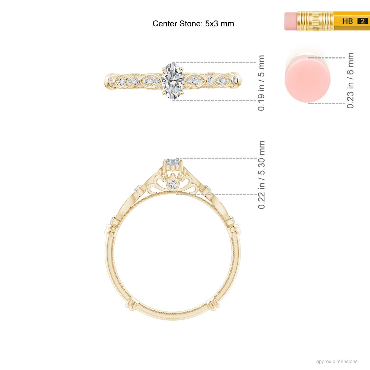 5x3mm HSI2 Vintage Style Oval Diamond Ring with Marquise & Dot Shank in Yellow Gold - ruler