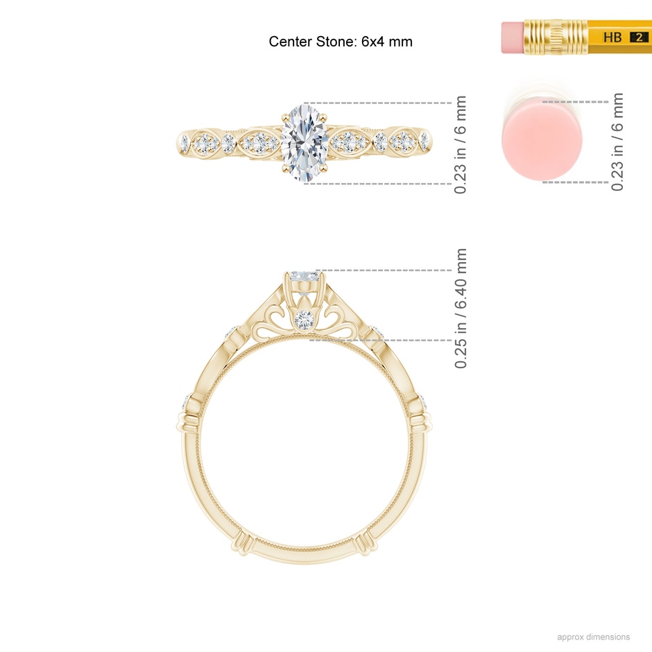 6x4mm GVS2 Vintage Style Oval Diamond Ring with Marquise & Dot Shank in Yellow Gold ruler