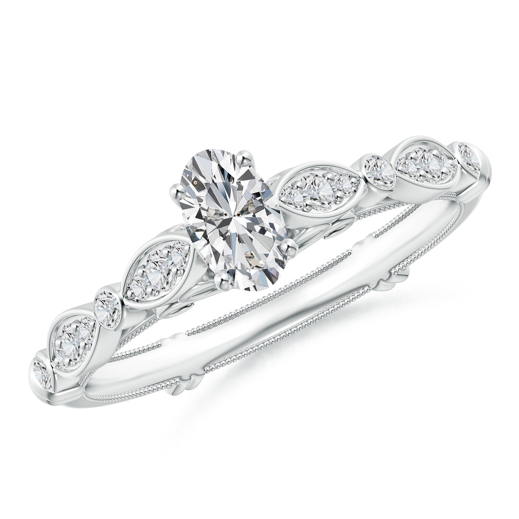 6x4mm HSI2 Vintage Style Oval Diamond Ring with Marquise & Dot Shank in White Gold