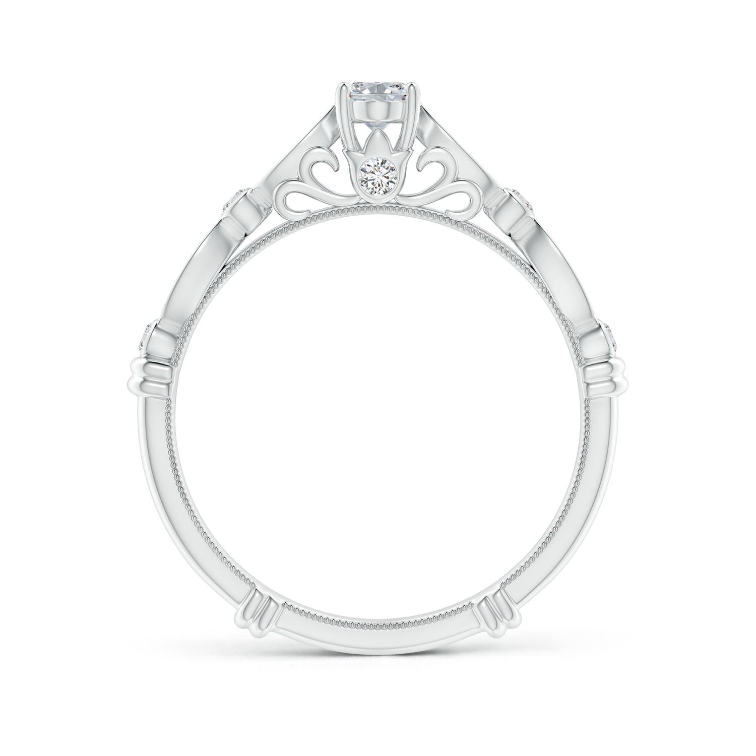 6x4mm HSI2 Vintage Style Oval Diamond Ring with Marquise & Dot Shank in White Gold