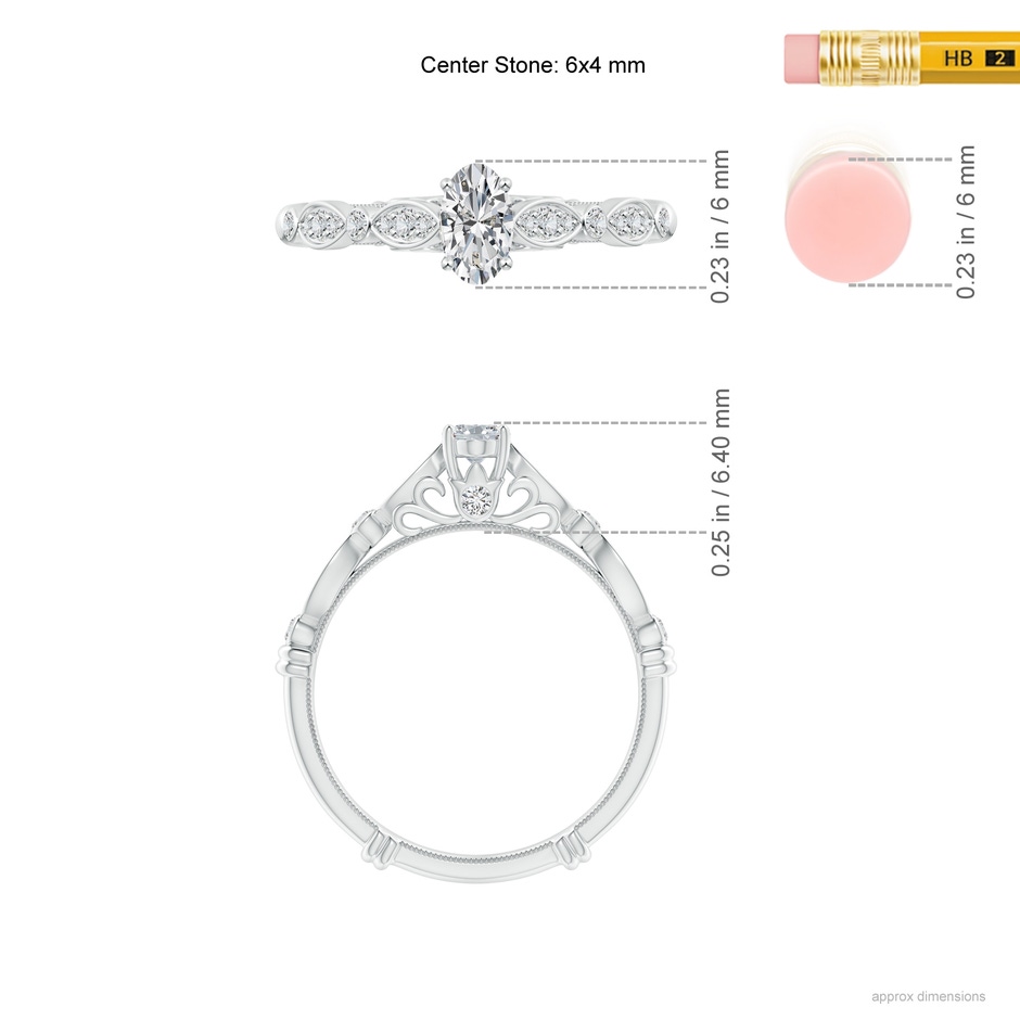 6x4mm HSI2 Vintage Style Oval Diamond Ring with Marquise & Dot Shank in White Gold ruler