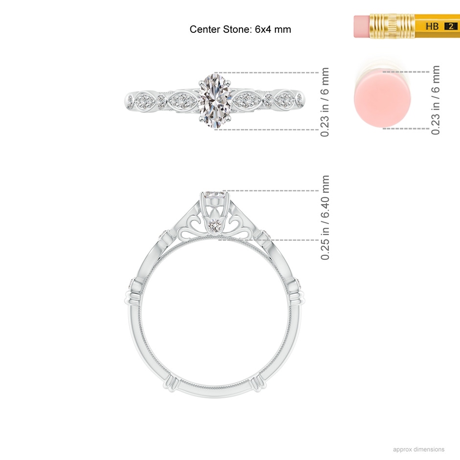 6x4mm IJI1I2 Vintage Style Oval Diamond Ring with Marquise & Dot Shank in White Gold ruler