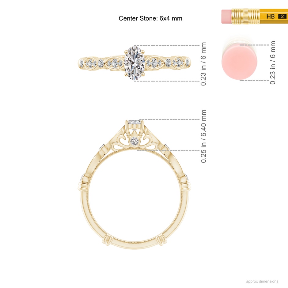 6x4mm IJI1I2 Vintage Style Oval Diamond Ring with Marquise & Dot Shank in Yellow Gold ruler