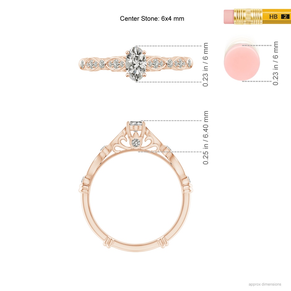 6x4mm KI3 Vintage Style Oval Diamond Ring with Marquise & Dot Shank in Rose Gold ruler
