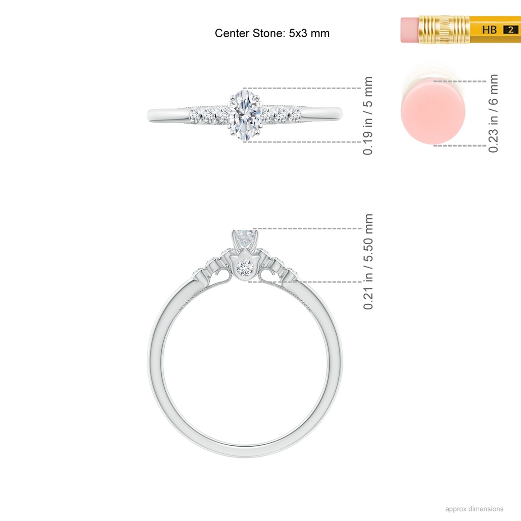 5x3mm GVS2 Oval Diamond Engagement Ring with Bezel-Set Accents in White Gold Ruler