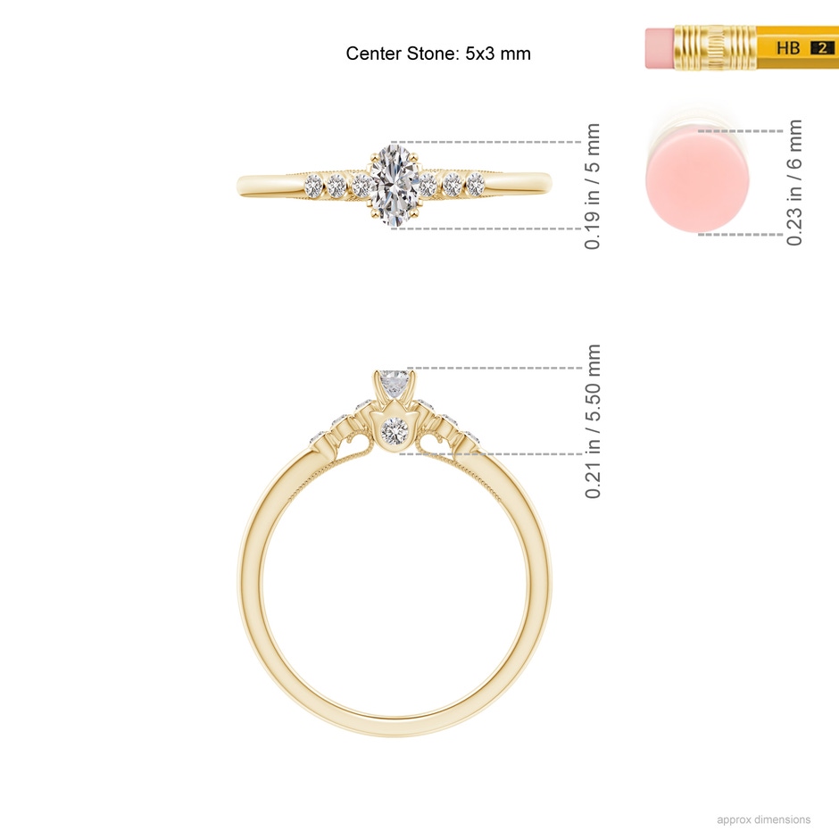 5x3mm IJI1I2 Oval Diamond Engagement Ring with Bezel-Set Accents in Yellow Gold ruler