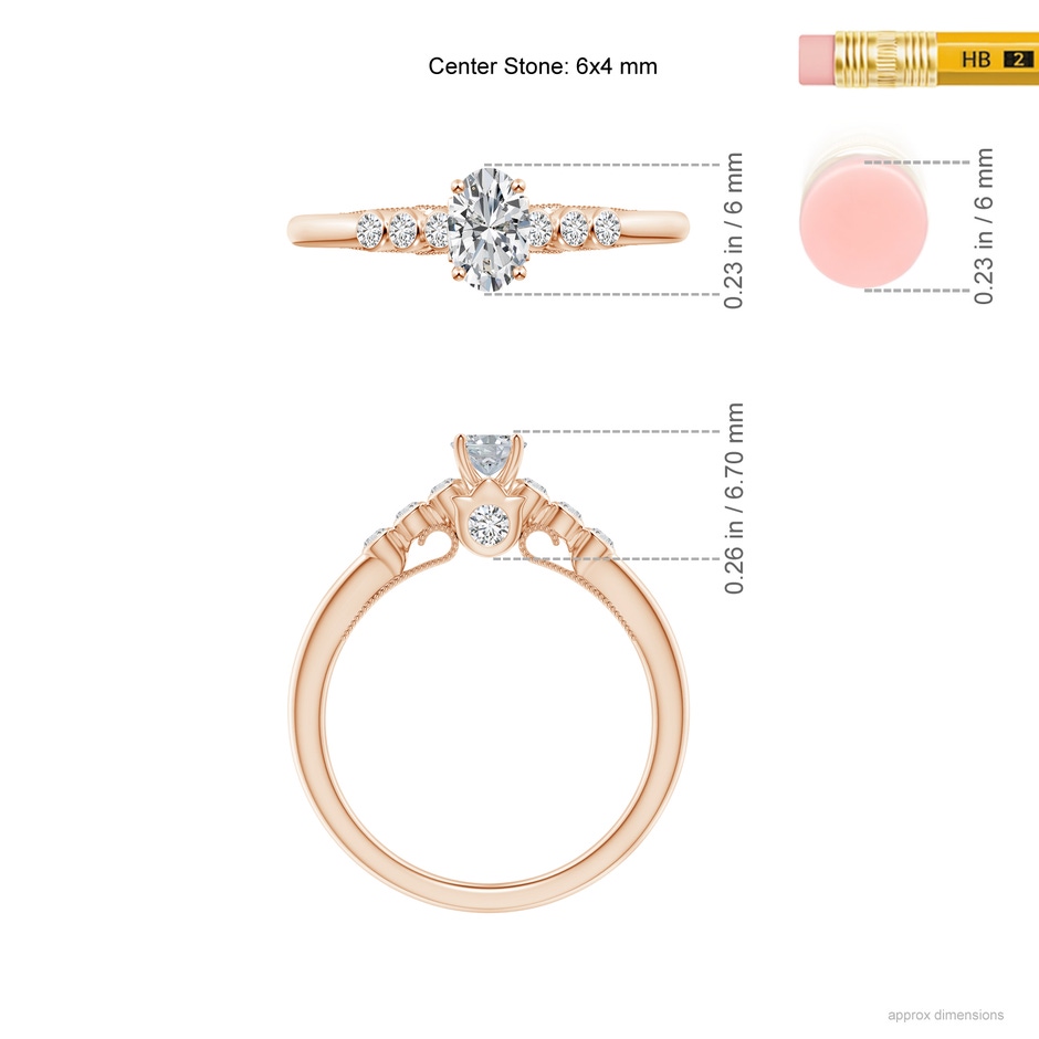 6x4mm HSI2 Oval Diamond Engagement Ring with Bezel-Set Accents in Rose Gold ruler